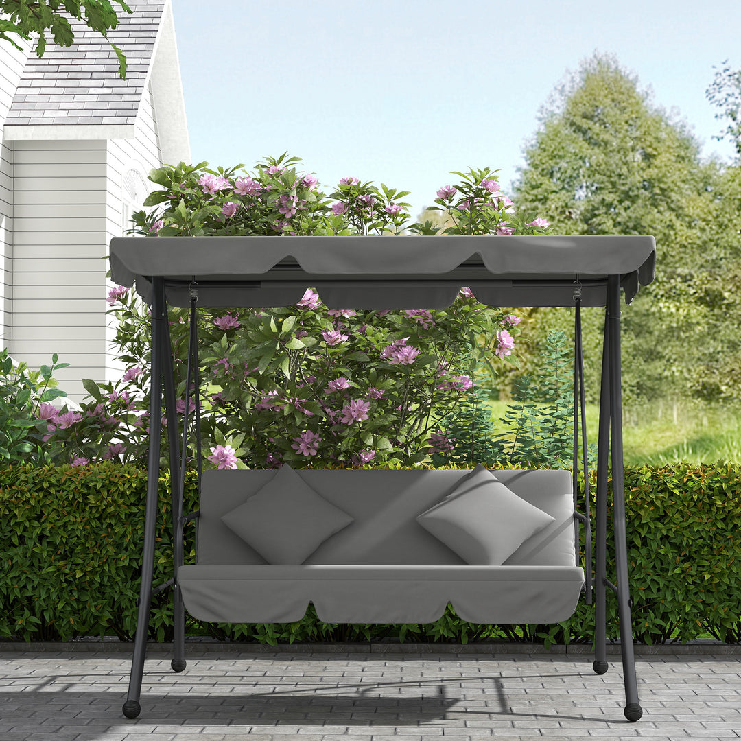 Outdoor 2-in-1 Swing Chair Lounger 3 Seater Garden Swing Seat Bed Convertible Tilt Canopy W/ Cushion, Light Grey