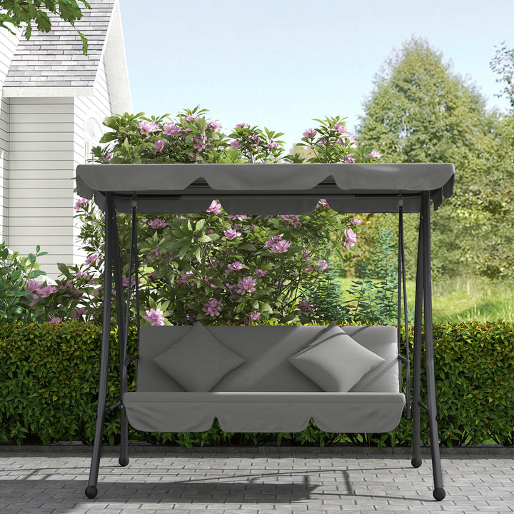 Outdoor 2-in-1 Swing Chair Lounger 3 Seater Garden Swing Seat Bed Convertible Tilt Canopy W/ Cushion, Light Grey