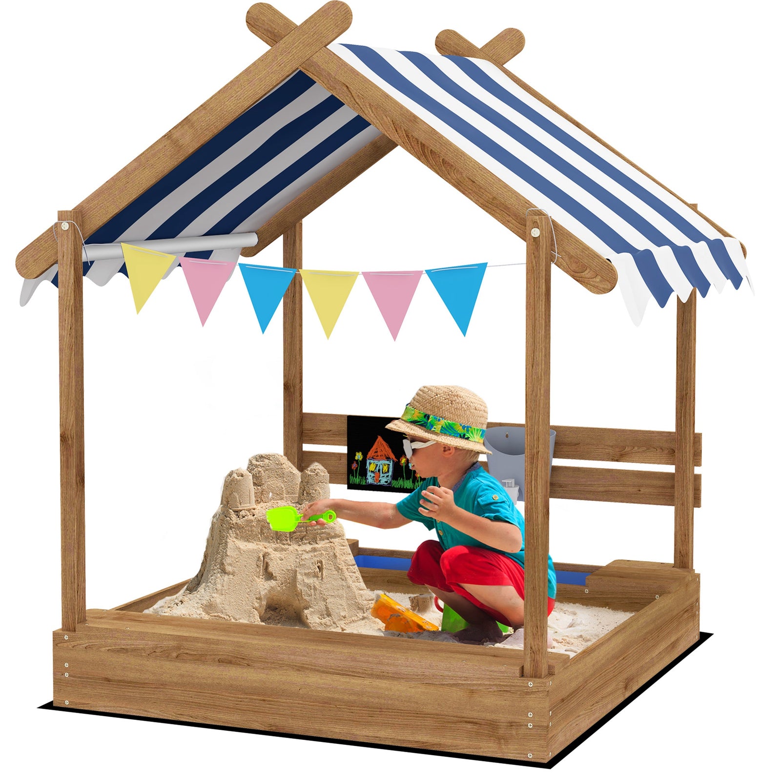 House-Designed Wooden Sandbox, Outdoor Sandpit, with Blackboard, Toys, Sink, Seats, Flags, for Ages 3-7 Years - Brown