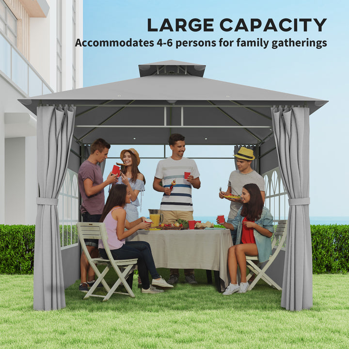 3 x 3 m Garden Gazebo, Double Roof Metal Gazebo with Removable Sidewalls and Church Windows, Outdoor Canopy Shelter, Light Grey