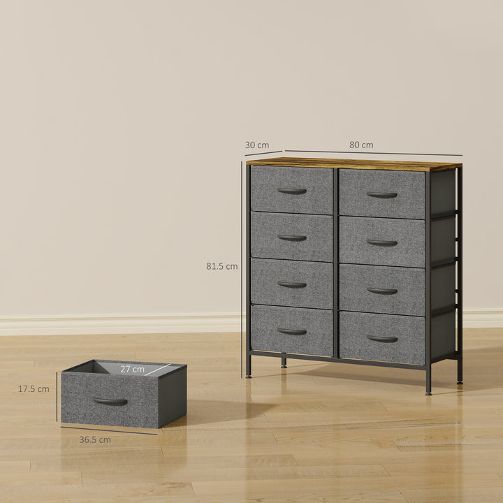Fabric Chest of Drawers, Industrial Bedroom Dresser with 8 Fabric Drawers, Steel Frame and Wooden Top for Nursery, Living Room, Hallway, Rustic Brown and Grey