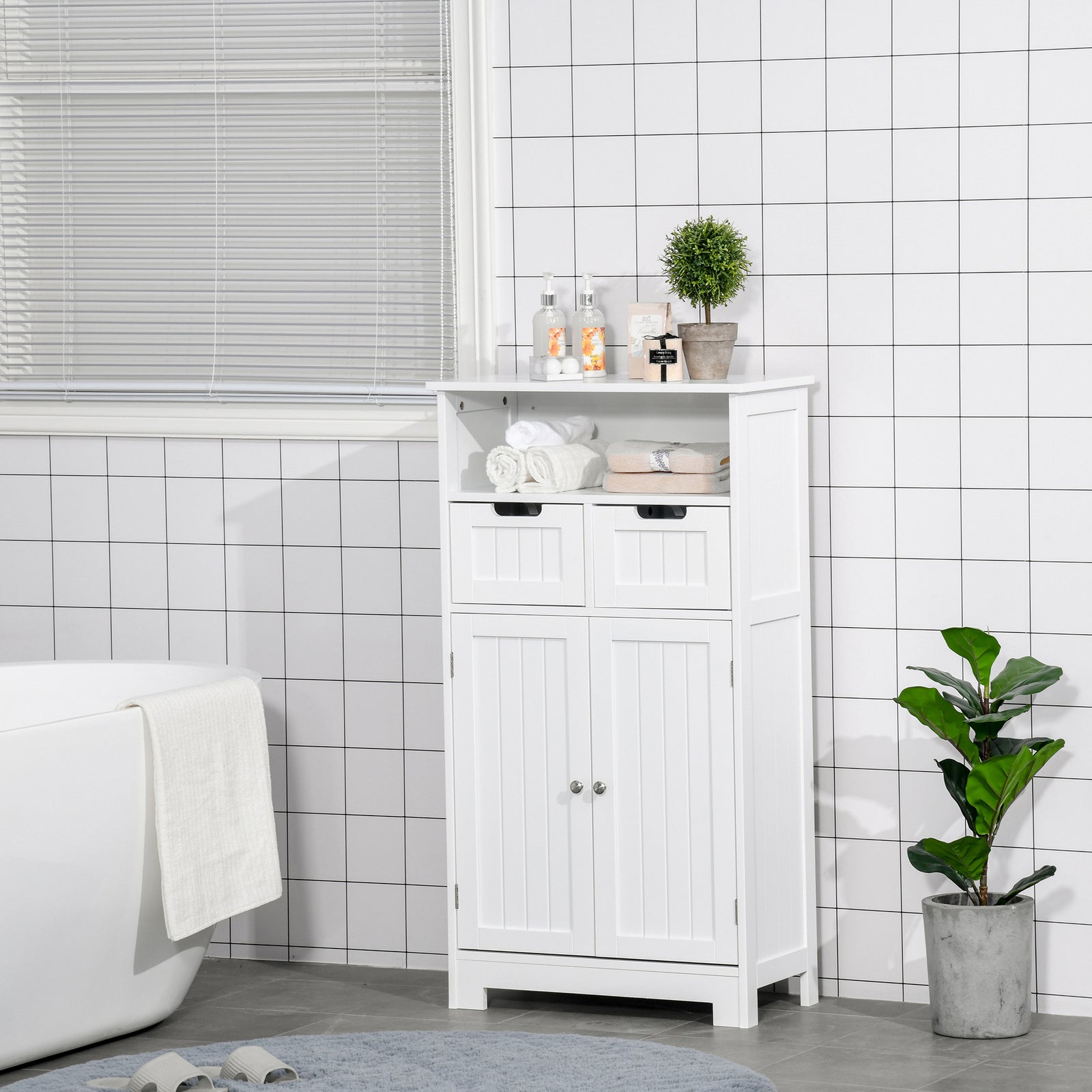 Bathroom Cabinet, Free Standing Bathroom Storage Cabinet with 2 Drawers and Adjustable Shelf, Small Bathroom Storage Unit, White