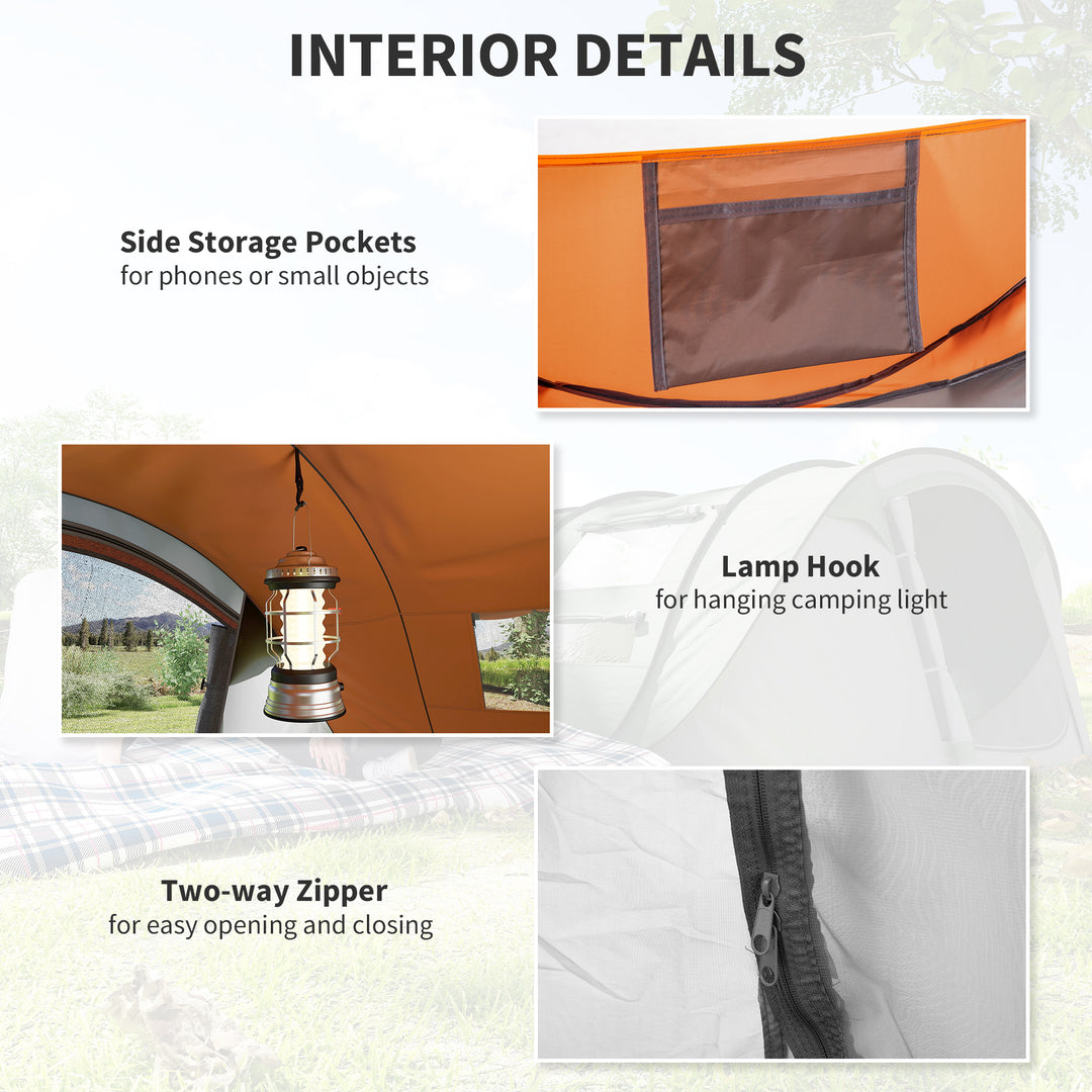 4 Person Pop-up Camping Tent Family Tent with Ground Sheet, 4 Windows and Portable Carry Bag for Beach Outdoor Trip, Orange