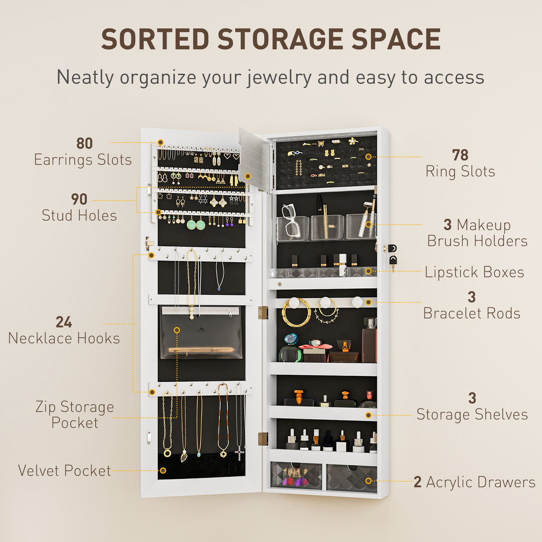 108 x 37cm Lockable Jewellery Cabinet, with LED Lights - White Surface and Black Lining
