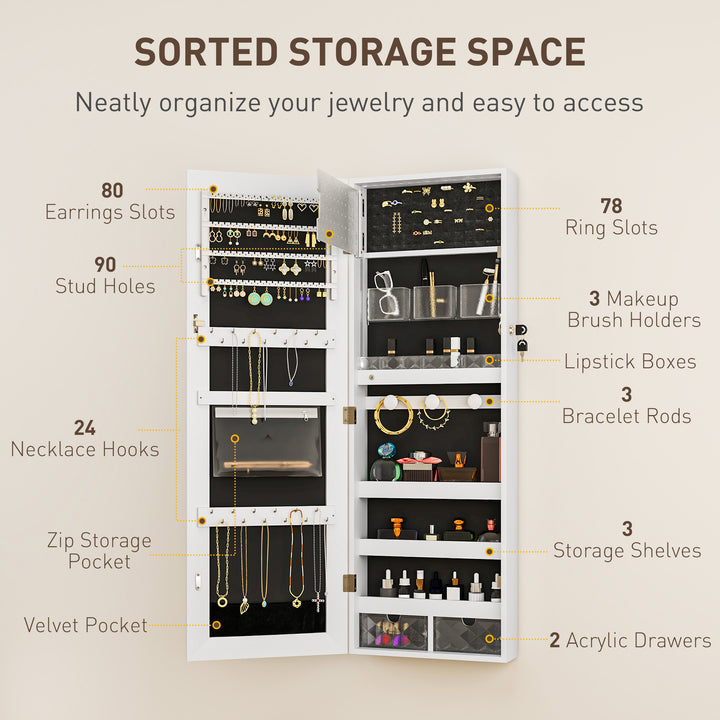 108 x 37cm Lockable Jewellery Cabinet, with LED Lights - White Surface and Black Lining