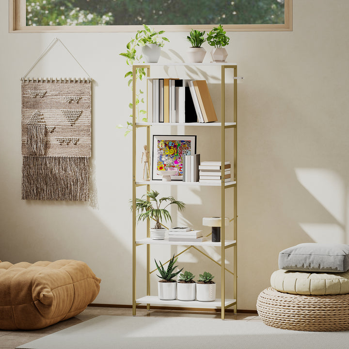 5-Tier Bookshelf, Modern Bookcase with Metal Frame - White and Gold To
