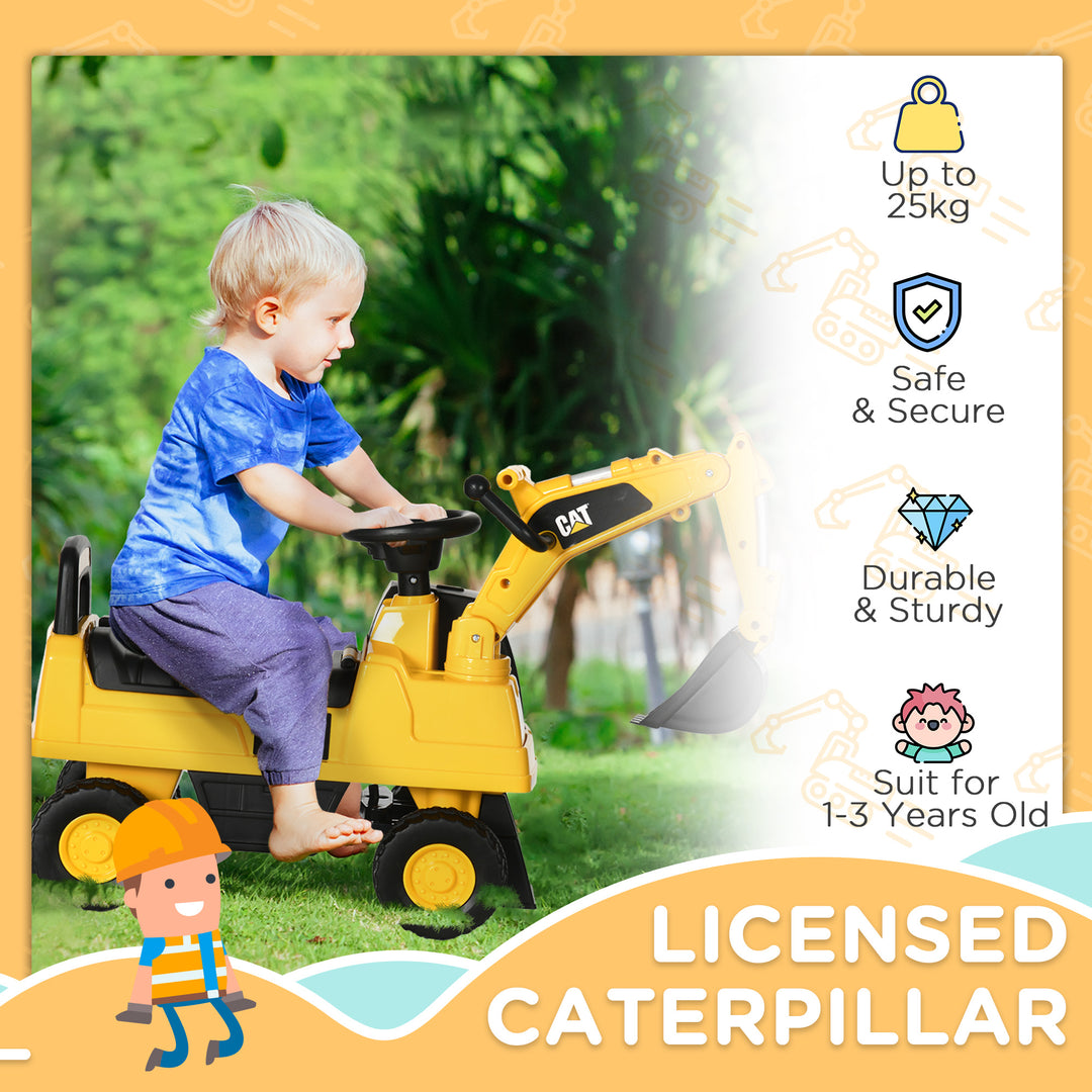 CAT Licensed Kids Ride on Digger Toddler Pretend Construction Play Toy Foot-To-Floor Ride-On Toy w/ Manual Shovel, Horn, Hidden Storage, for Ages 1-3 Years