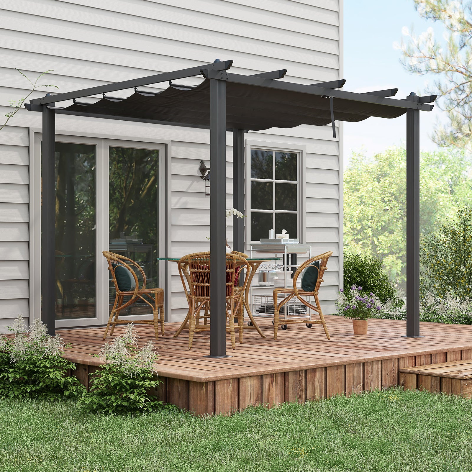 3 x 3m Aluminium Pergola, with Retractable Roof - Dark Grey