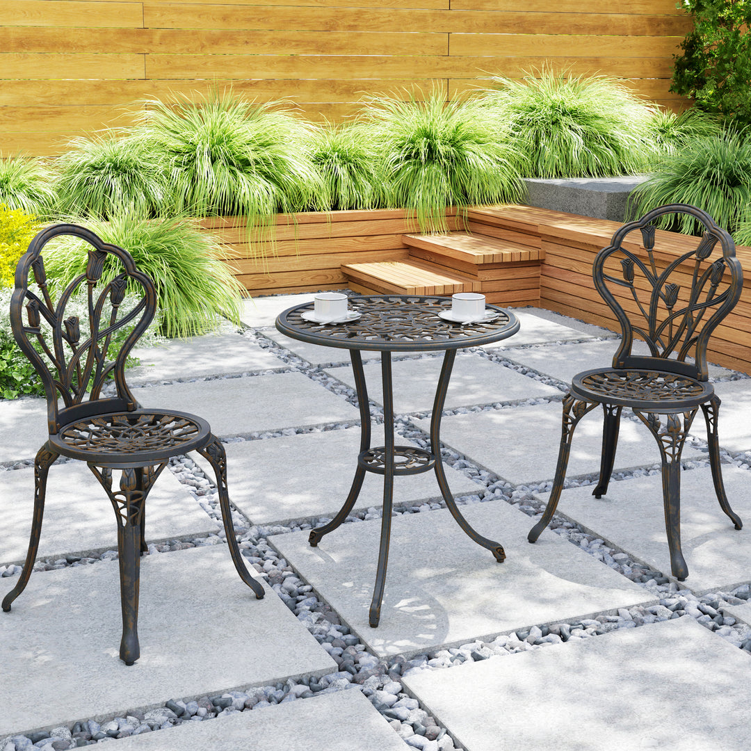3 Piece Patio Bistro Set for 2, Outdoor Aluminium Garden Table and Chairs with Umbrella Hole for Balcony, Bronze Tone