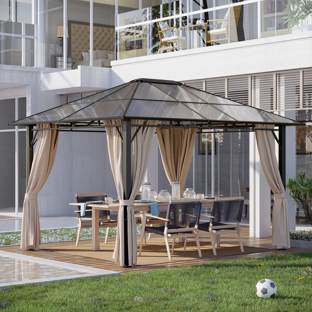 MCL 3 x 3.6m Hardtop Gazebo Canopy with Polycarbonate Roof Garden Pavilion with Removable Curtains and Steel Frame, Brown