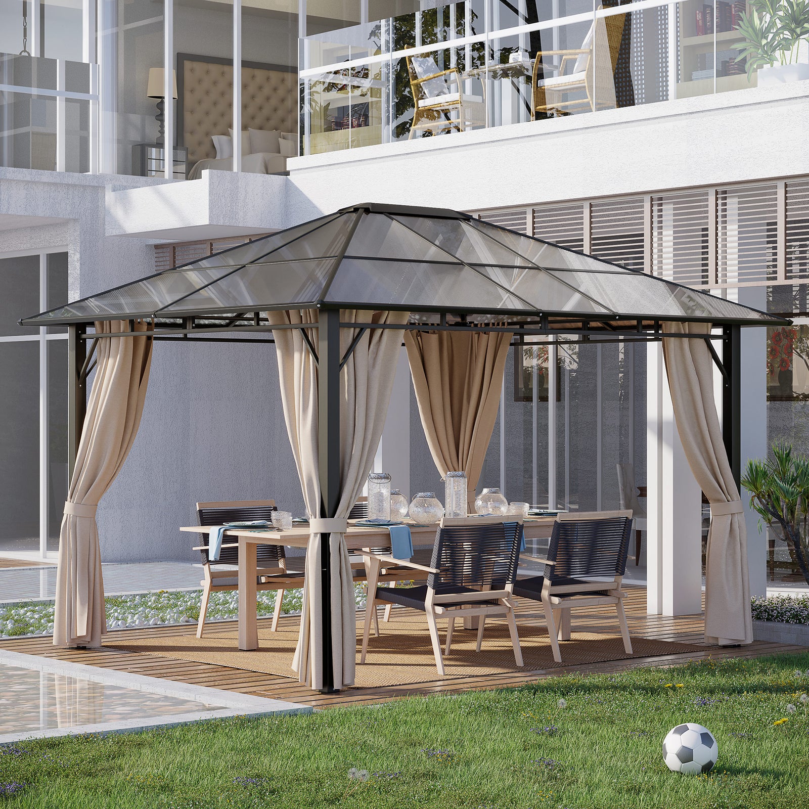 3 x 3.6m Hardtop Gazebo Canopy with Polycarbonate Roof Garden Pavilion with Removable Curtains and Steel Frame, Brown
