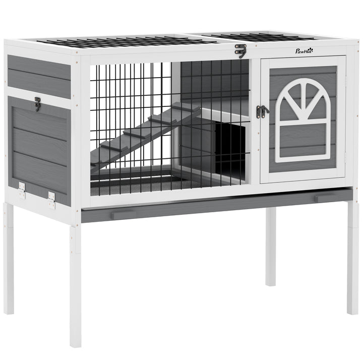 Wooden Rabbit Hutch, Guinea Pig Cage, with Removable Tray, Openable Roof, Grey