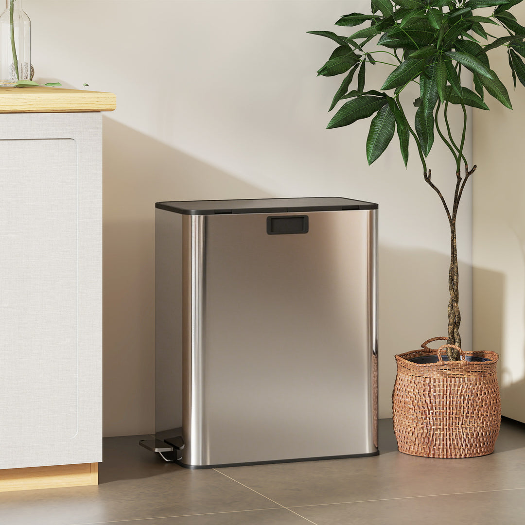 MCL Dual Kitchen Bin with Soft-Close Butterfly Lid, 2 x 28L Stainless Steel Pedal Bin with Removable Inner Buckets, Fingerprint-Proof for Recycling and Waste, Silver Tone