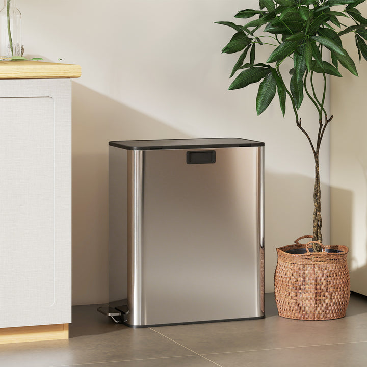 MCL Dual Kitchen Bin with Soft-Close Butterfly Lid, 2 x 28L Stainless Steel Pedal Bin with Removable Inner Buckets, Fingerprint-Proof for Recycling and Waste, Silver Tone