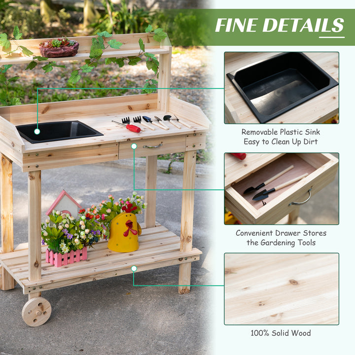 MCL Garden Potting Bench Table, Wooden Work Station, Outdoor Planting Workbench with 2 Wheels, Sink, Drawer & Large Storage Spaces, 92x45x119cm