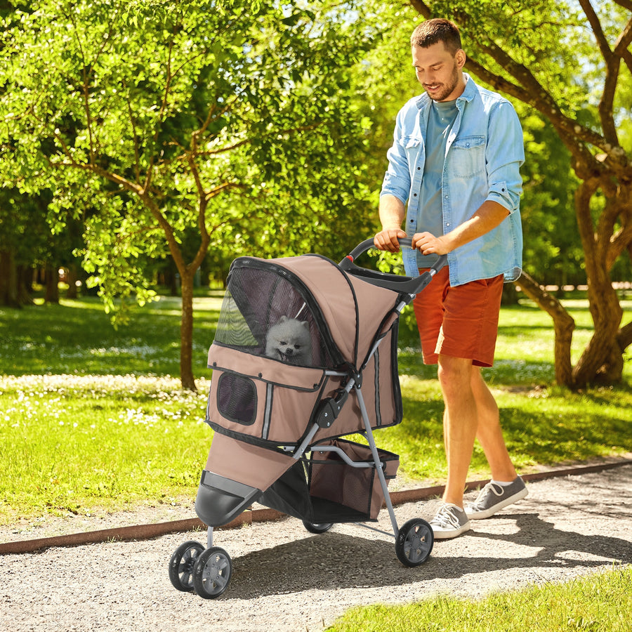 Dog Stroller, 3 Wheels Foldable Cat Dog Pram with Cup Holder, Storage Basket, Pet Stroller for Small Miniature Dogs, Brown
