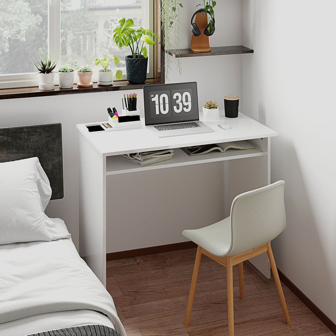 90 x 50cm Computer Table, Modern Home Office Desk, Small Writing Desk with Storage Shelf, High Gloss White