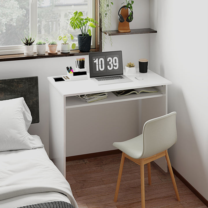 90 x 50cm Computer Table, Modern Home Office Desk, Small Writing Desk with Storage Shelf, High Gloss White