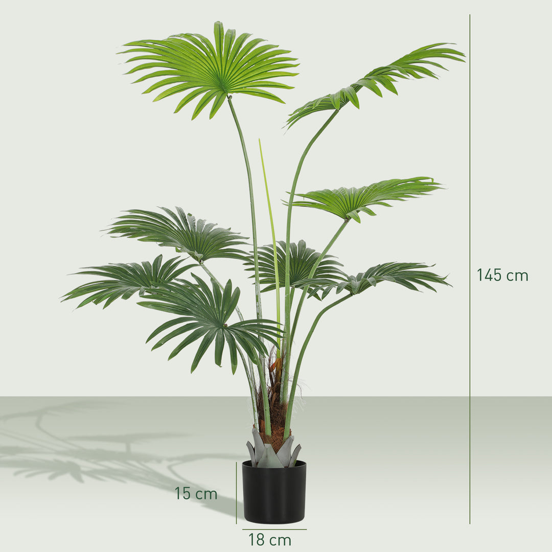 145cm Artificial Palm Tree, Decorative Artificial Plant with Lifelike PEVA Leaves and Coconut Coir, Fake Tree with Plastic Pot and Flocking for Home Office Decor, Green