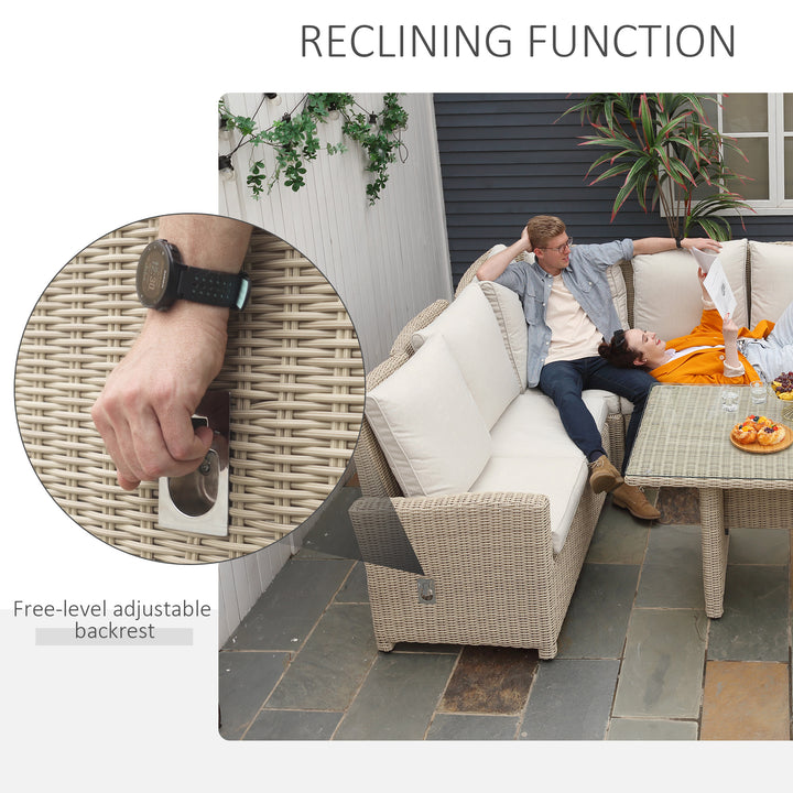 5 PCS Reclining PE Rattan Garden Dining Set Bonzer Patio Furniture w/ Sofa Chairs Glass Table, Olefin Cushions Adjustable Feet Stylish Lounge Conversation