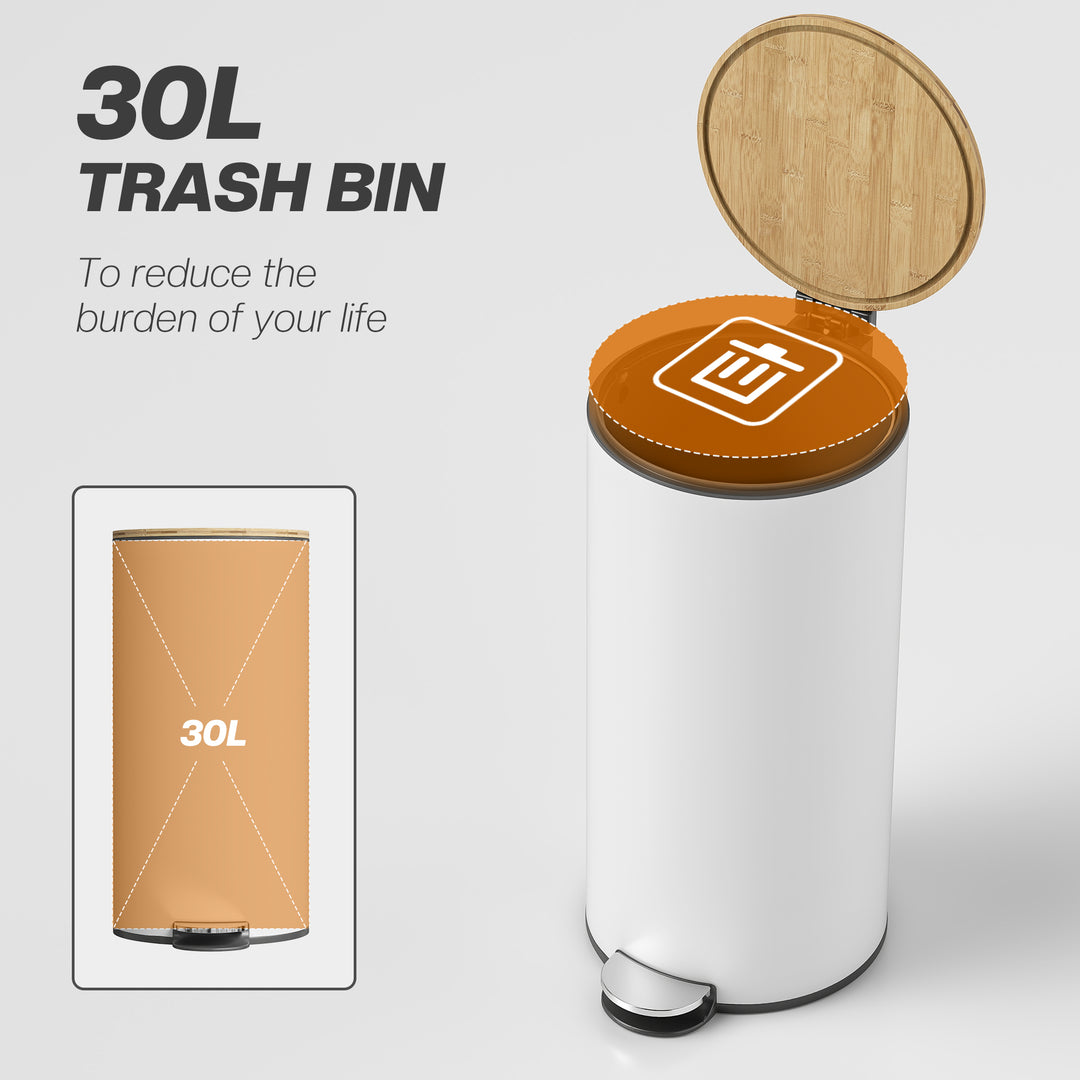 Kitchen Bin, 30 Litre Pedal Rubbish Bin with Removable Bucket, White a