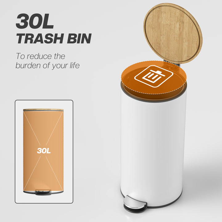 Kitchen Bin, 30 Litre Pedal Rubbish Bin with Removable Bucket, White a