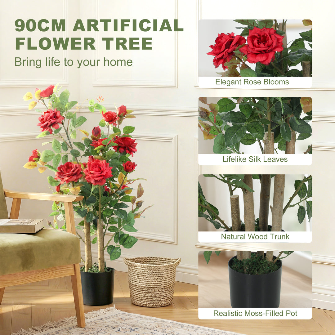 90cm Artificial Rose Tree Set of 2, Decorative Fake Plant with 344 Sil