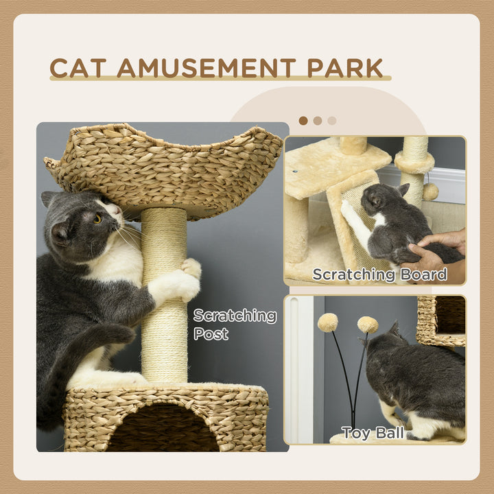 PawHut Cat Tree Tower with Scratching Posts, Cosy House, Bed, Interactive Toy Ball, Multi-Level, Beige | Aosom UK