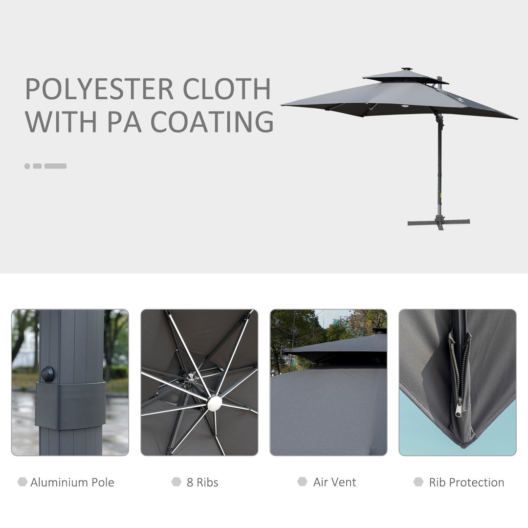 3m Cantilever Parasol, Outdoor Offset Patio Umbrella, Solar LED Lighted Hanging Sun Shade Canopy with Tilt and Crank Handle, Cross Base for Lawn, Beach and Poolside, Grey
