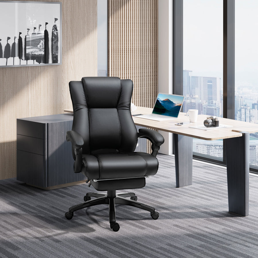 Executive Office Chair for Home, PU Leather Computer Chair, Swivel Desk Chair with Footrest, Wheels, Adjustable Height, Black