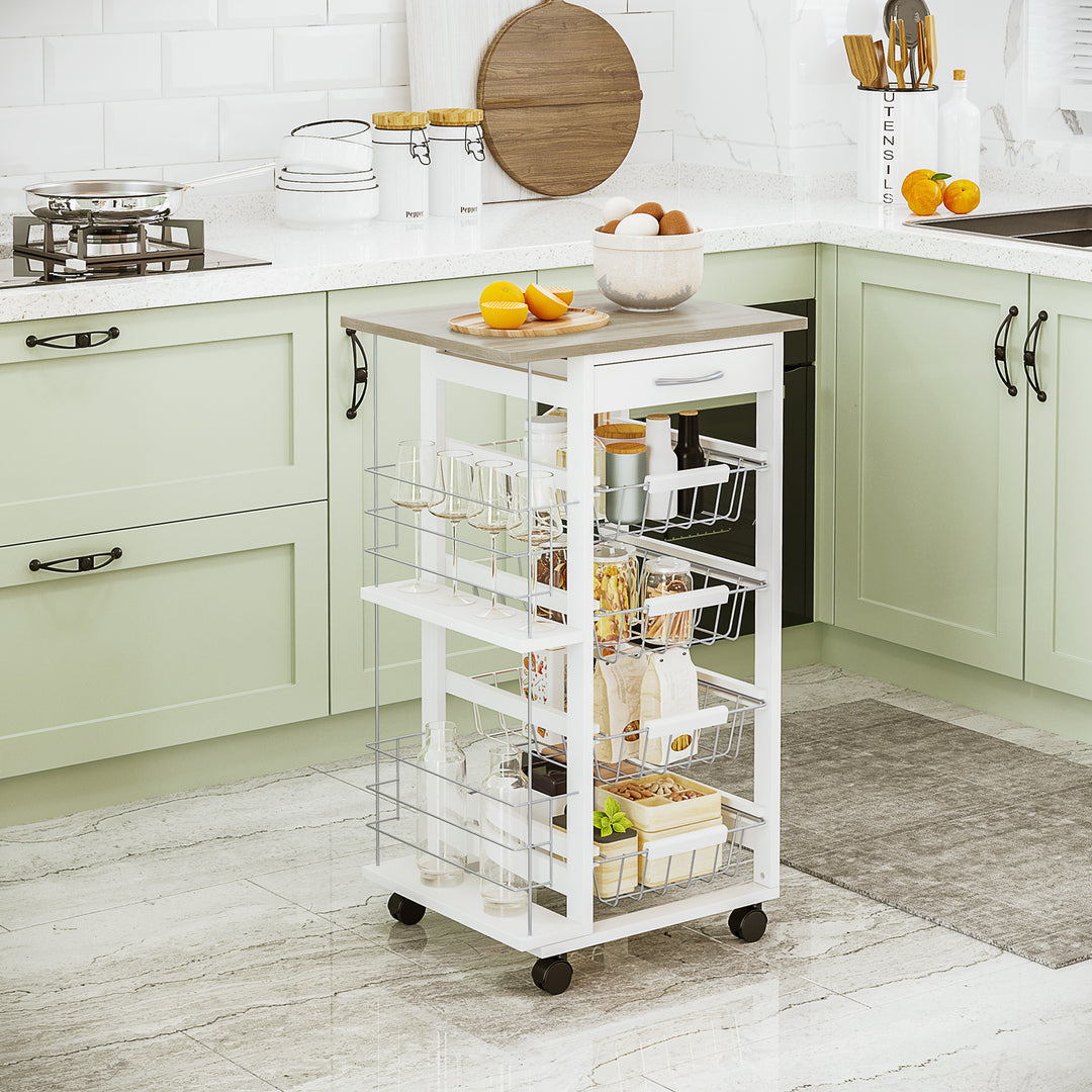 Rolling Kitchen Cart, Utility Storage Cart with 4 Basket Drawers & Side Racks, Wheels for Dining Room, Natural and White