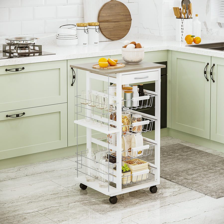 Rolling Kitchen Cart, Utility Storage Cart with 4 Basket Drawers & Side Racks, Wheels for Dining Room, Natural and White