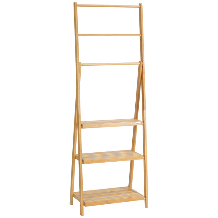 Freestanding Natural Bamboo Towel Rack with 3 Towel Rails and 3 Storage Shelves, Space-Saving Foldable Towel Holder for Bathroom