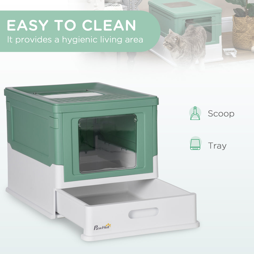 Hooded Cat Litter Box, Portable Pet Toilet, with Scoop, Front Entry - Green