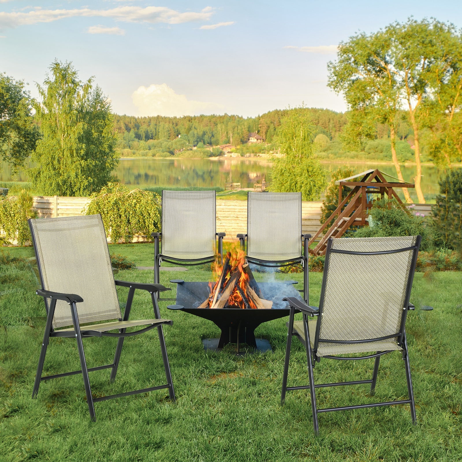 Set of Four Folding Garden Chairs - Beige