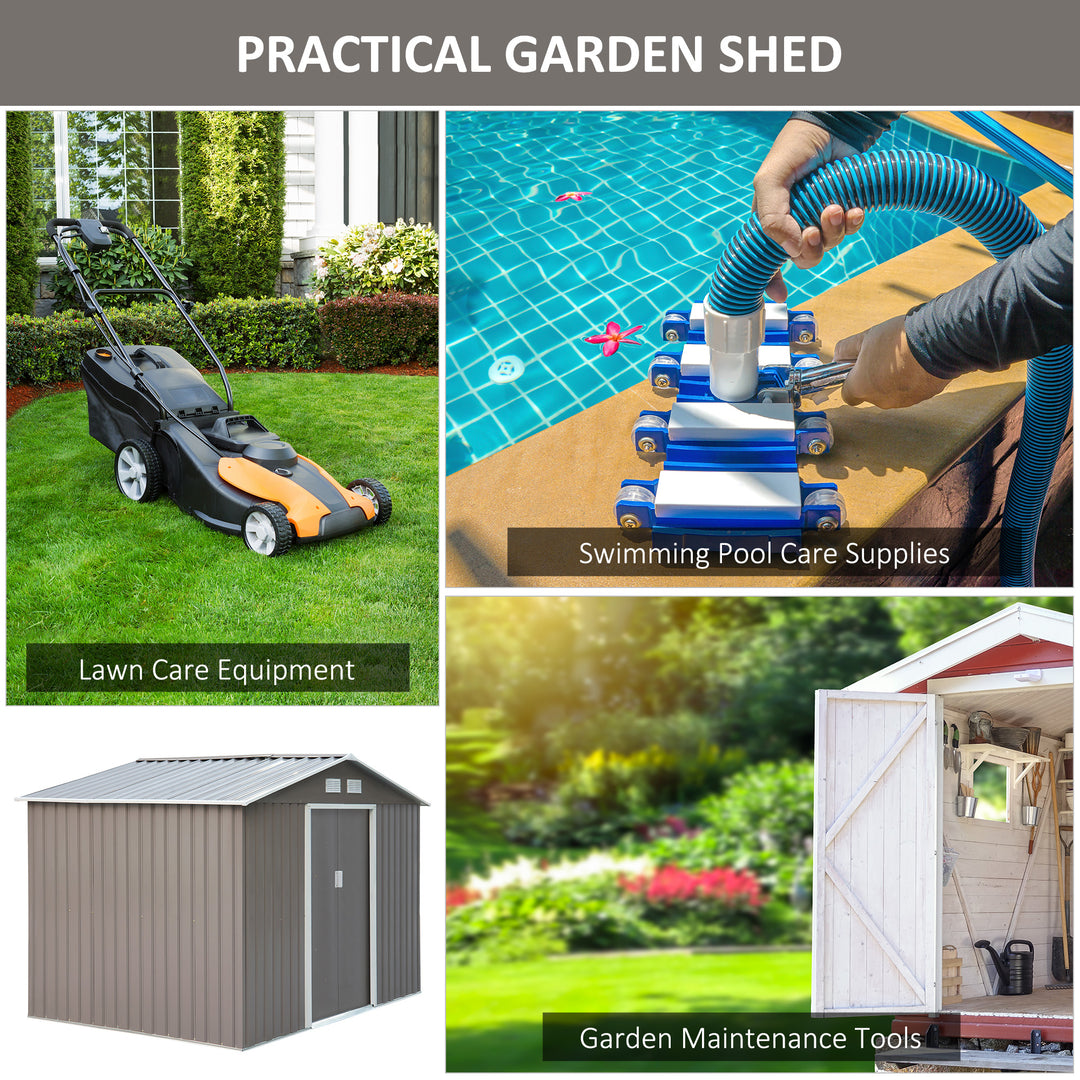 9 x 6FT Outdoor Garden Roofed Metal Storage Shed Tool Box with Foundation Ventilation & Doors Light, Grey