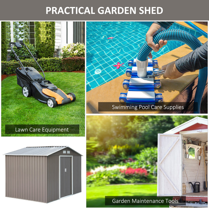 9 x 6FT Outdoor Garden Roofed Metal Storage Shed Tool Box with Foundation Ventilation & Doors Light, Grey