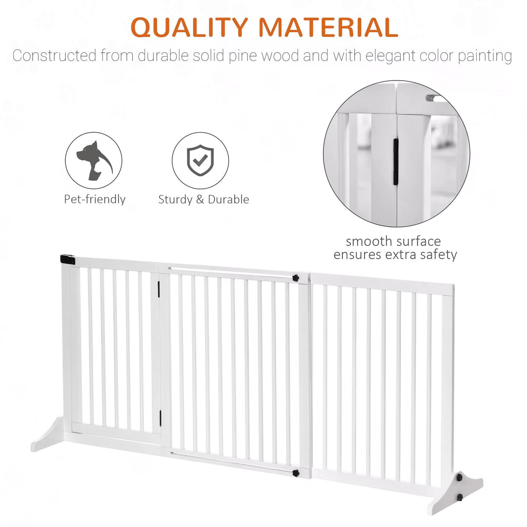 PawHut Adjustable Wooden Pet Gate Freestanding Dog Barrier Fence Doorway 3 Panels Safety Gate w/ Lockable Door White 71H x 113-166W cm | Aosom UK