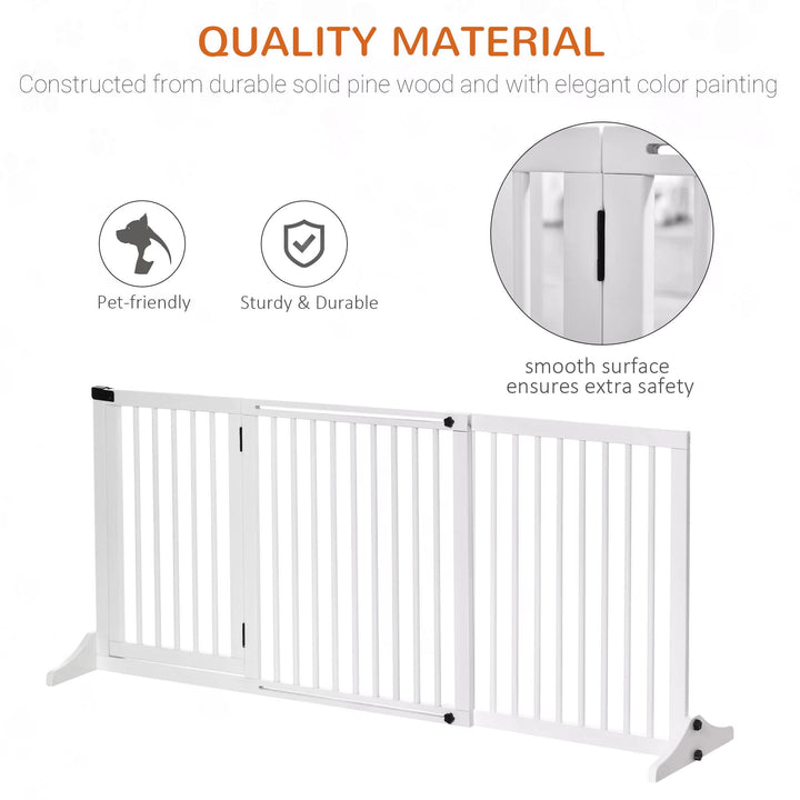 PawHut Adjustable Wooden Pet Gate Freestanding Dog Barrier Fence Doorway 3 Panels Safety Gate w/ Lockable Door White 71H x 113-166W cm | Aosom UK