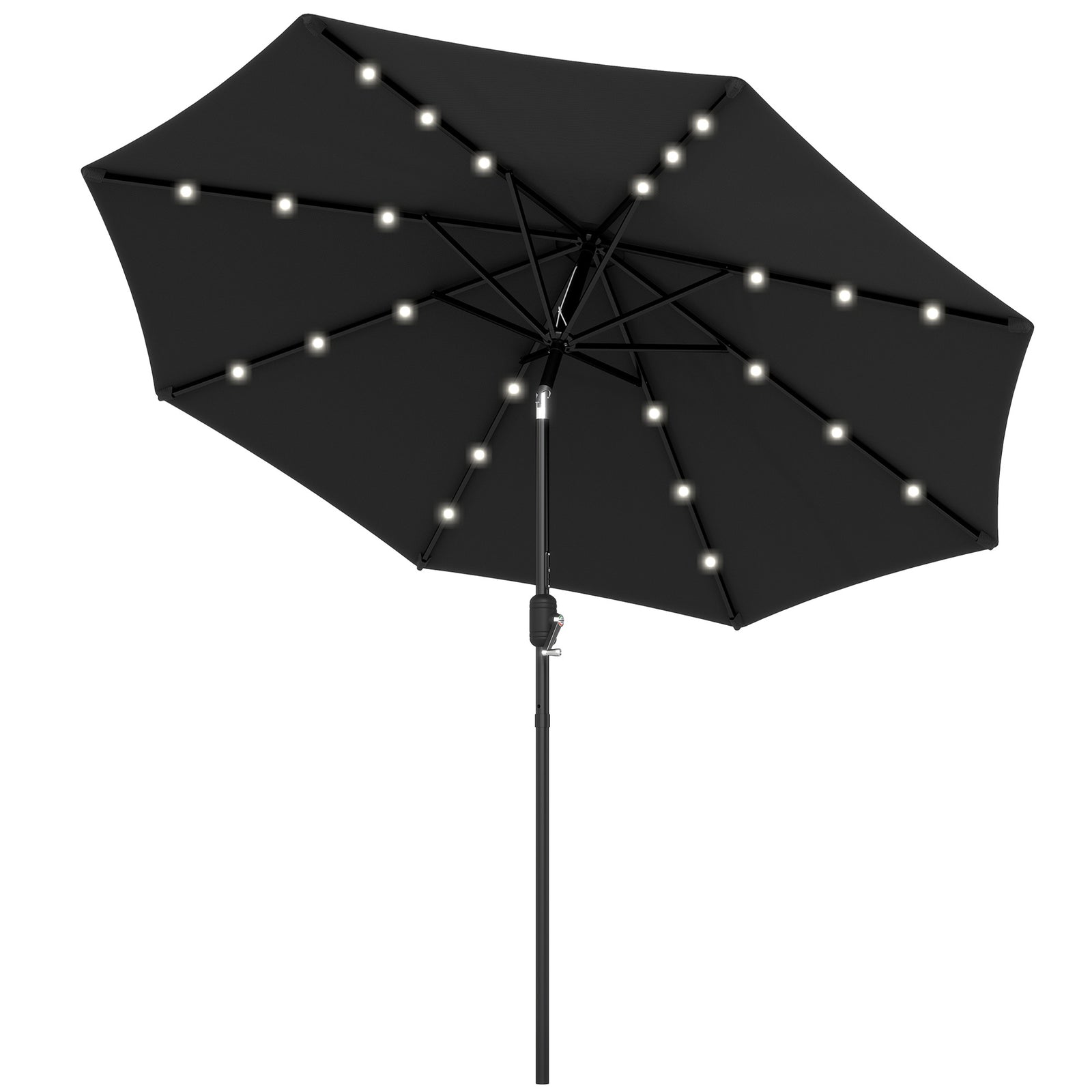 Φ2.7m Garden Parasol Solar Outdoor Tilt Sun Umbrella Patio Sun Shade w/ 24 LED Light, Hand Crank and 8 Ribs, Black