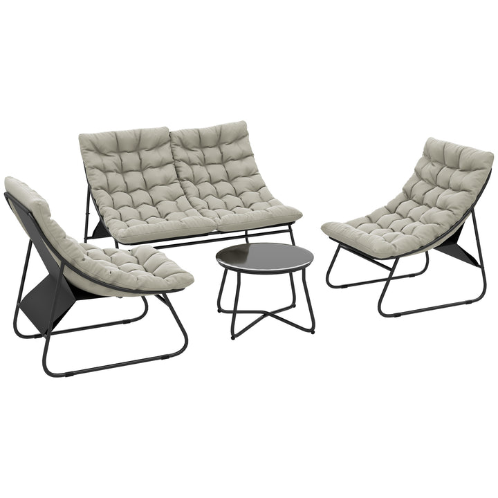 Outsunny 4 Seater Garden Furniture Set, Conversation Set with Loveseat Sofa, Chairs, Glass Coffee Table, Thick Cushions, Steel Outdoor Sofa for Balcony, Poolside, Conservatory, Light Grey