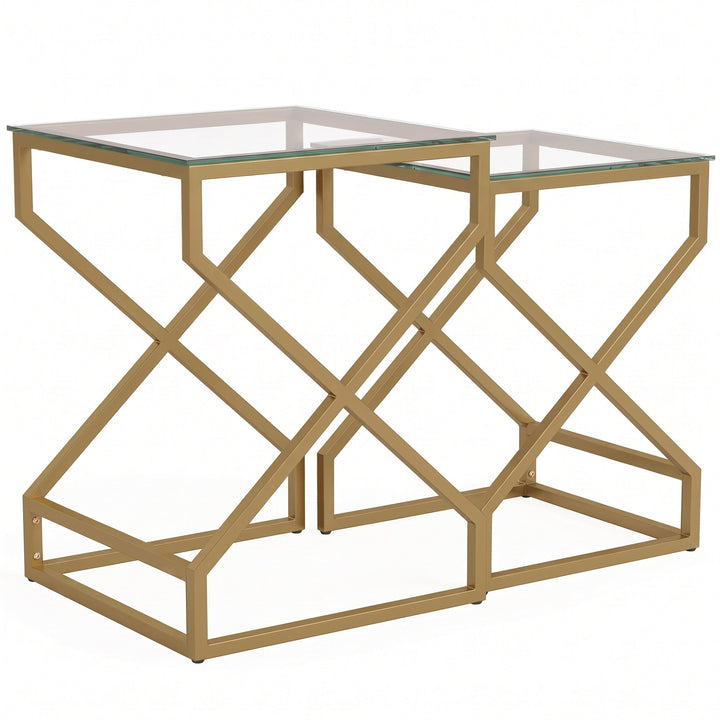 Set of Two Marble-Effect Nesting Tables - Transparent and Gold Tone