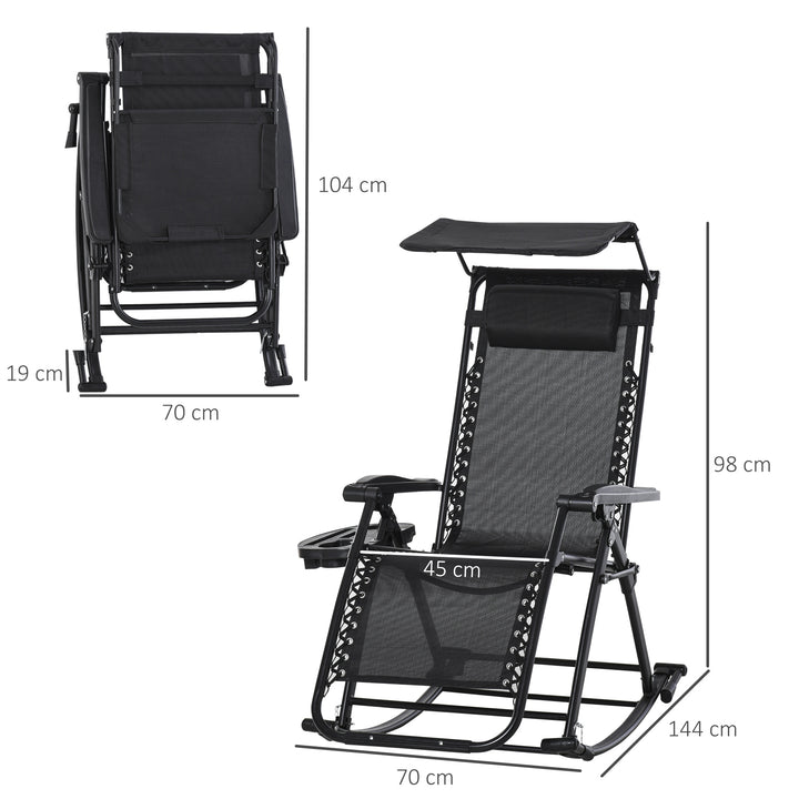 Garden Rocking Chair Folding Recliner Outdoor Adjustable Sun Lounger Rocker Zero-Gravity Seat with Headrest Side Holder Patio Deck - Black