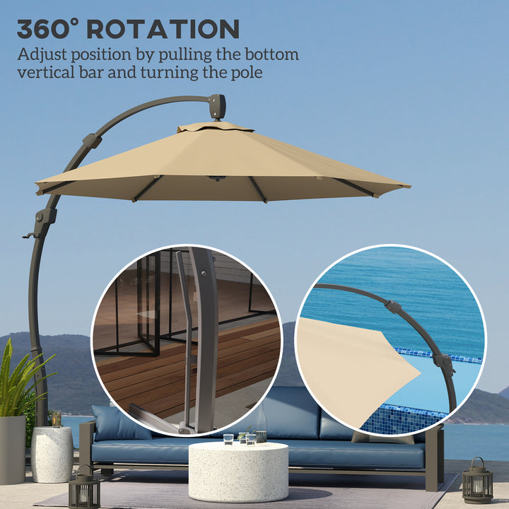 3(m) Garden Cantilever Parasol, Round Overhanging Umbrella with Crank Handle, Cross Base, Aluminium Frame and 360° Rotation, Banana Patio Umbrella for Outdoor Sun Shade, Khaki