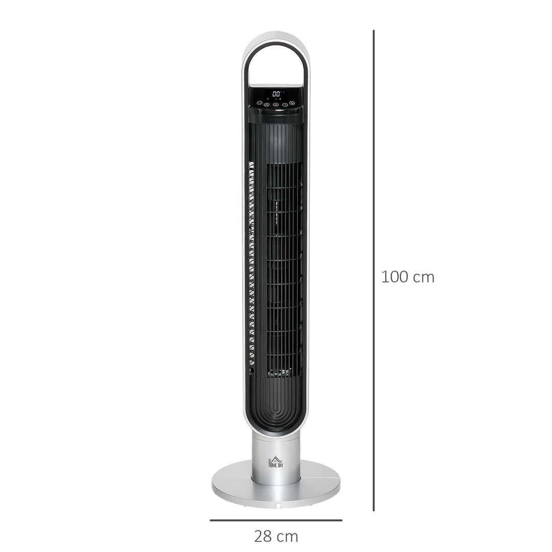 HOMCOM Oscillating Tower Fan for Bedroom with Anion, 3 Speed, 12h Timer, LED Sensor Panel, Remote Controller, 39", Silver