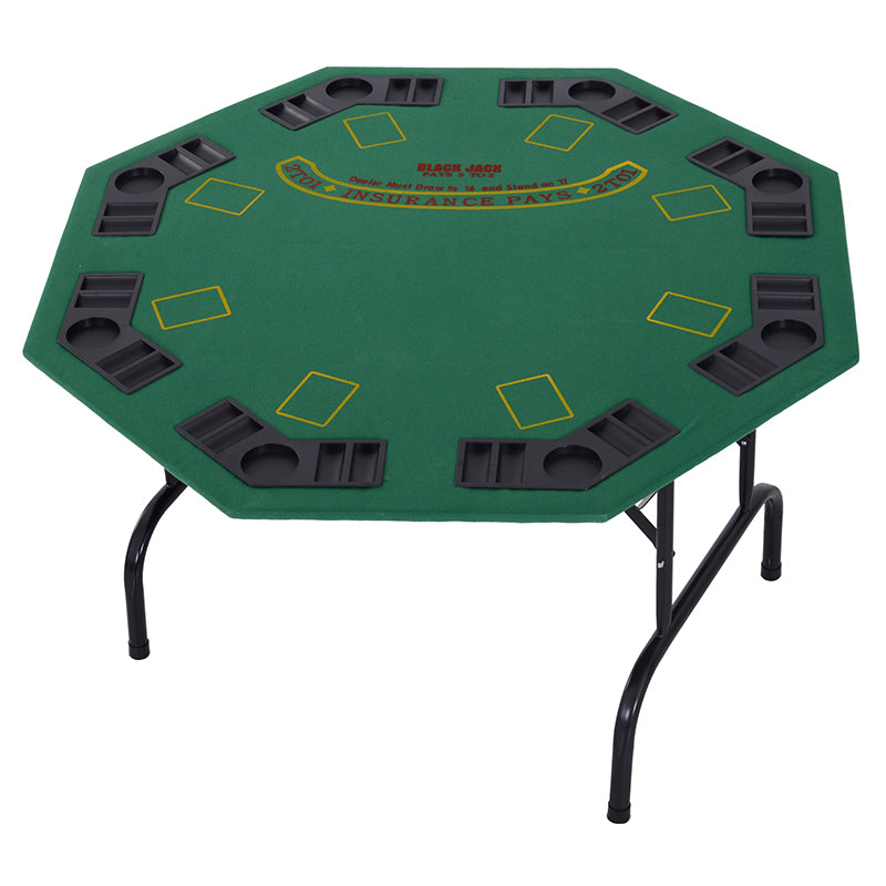 8 Player Folding Games Poker Table with Chip Cup Holder Steel Base Felt Top Octagon Blackjack Green