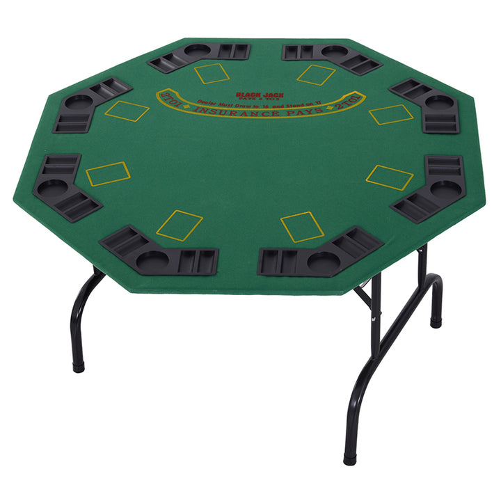 8 Player Folding Games Poker Table with Chip Cup Holder Steel Base Felt Top Octagon Blackjack Green