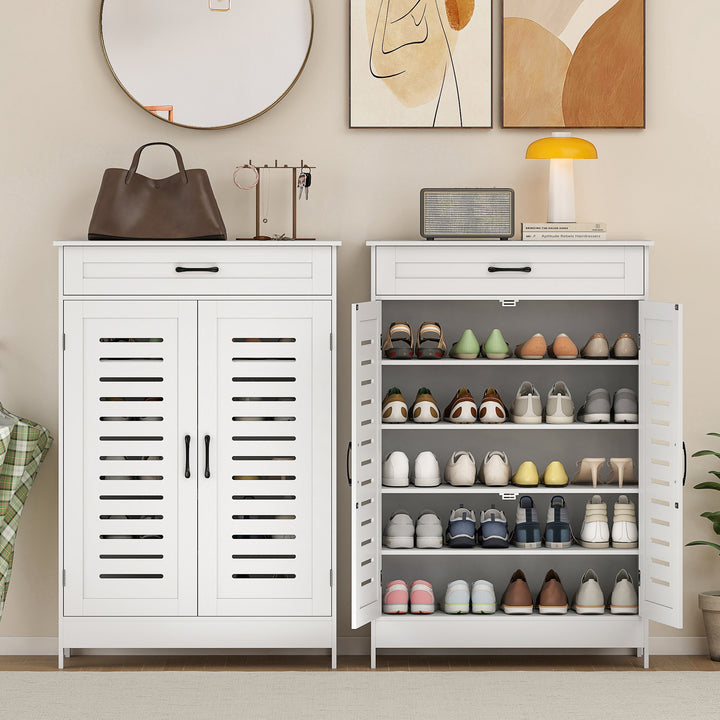 Shoe Cabinet with Louvered Doors, Modern Shoe Storage Cabinet with Dra