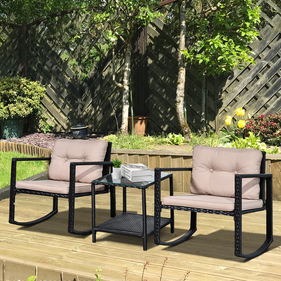 3 Pieces Rattan Garden Rocking Chair Set, Outdoor Rocking Bistro Set w/ 2 Cushioned Armchair and Glass Top Two-tier Coffee Table, Black