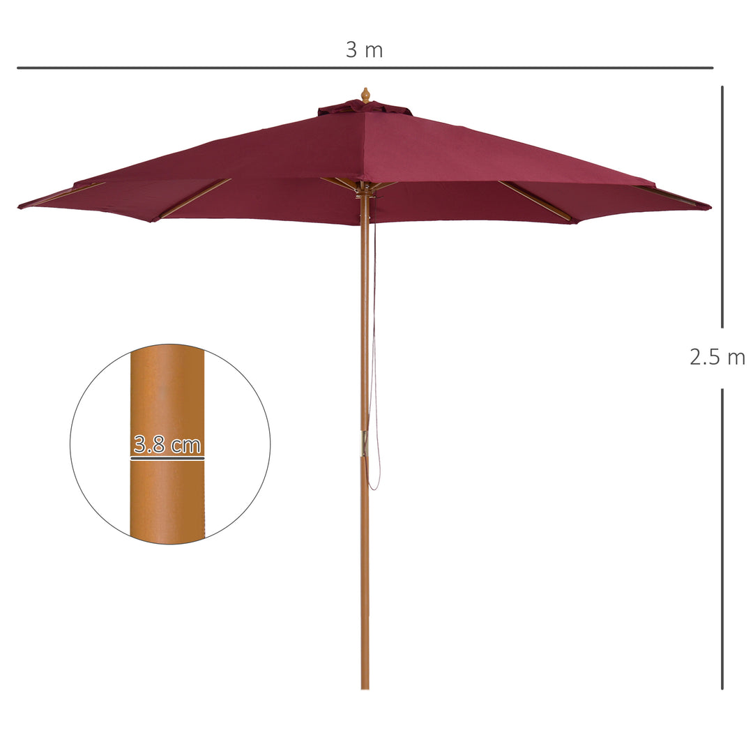 3(m) Garden Parasol, Pulley Operated Patio Umbrella, Wooden Table Market Umbrella with Rope Pulley Mechanism and 8 Ribs, Wine Red